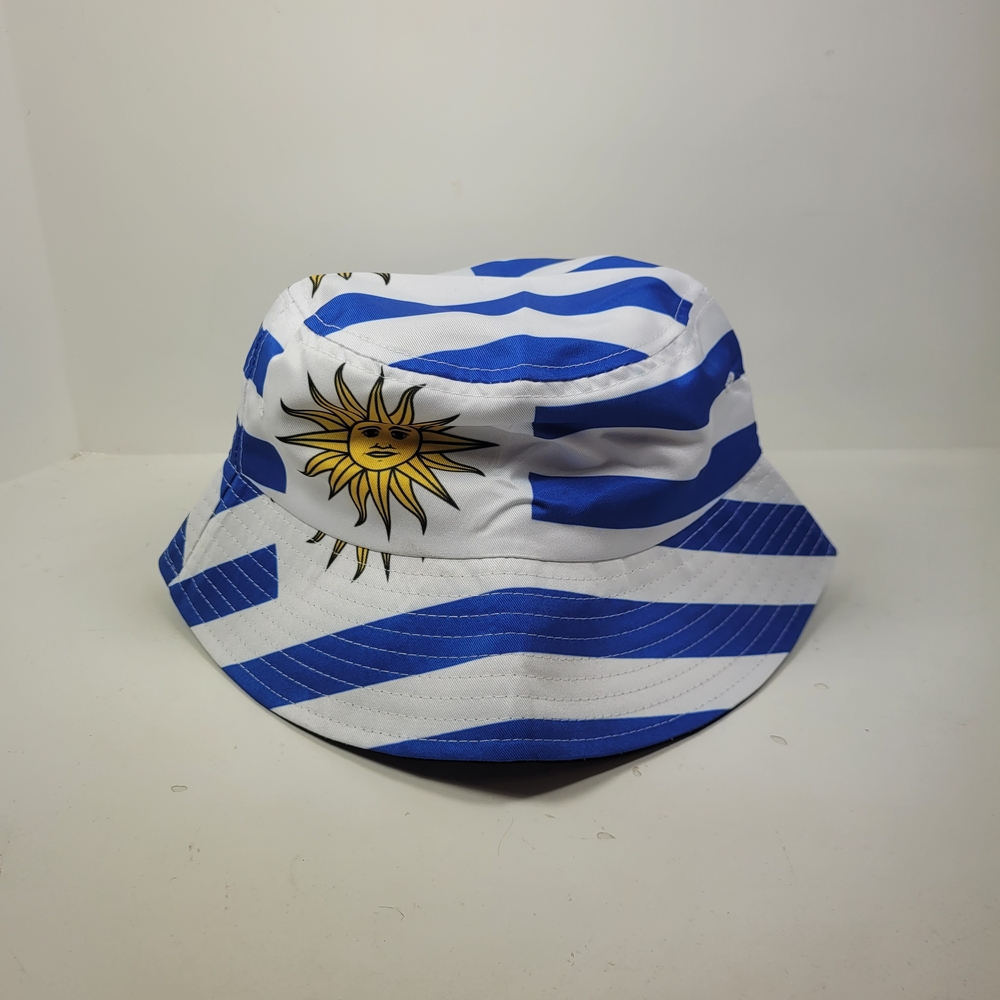 Blue and White Striped Bucket Hat with Sun Design